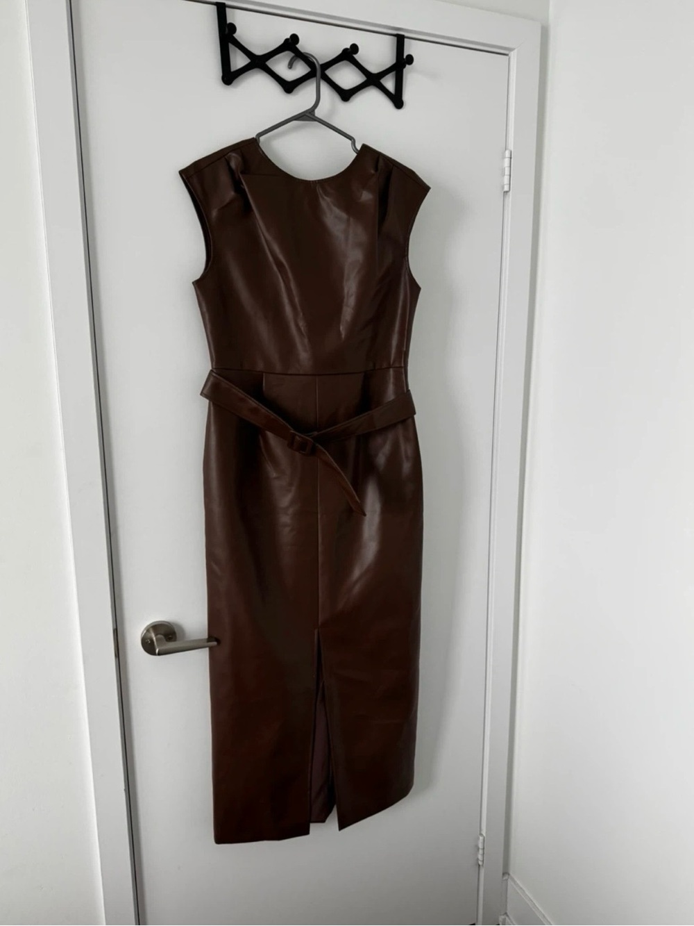 Commense Brown Faux Leather Midi Sheath Dress with Waist Tie